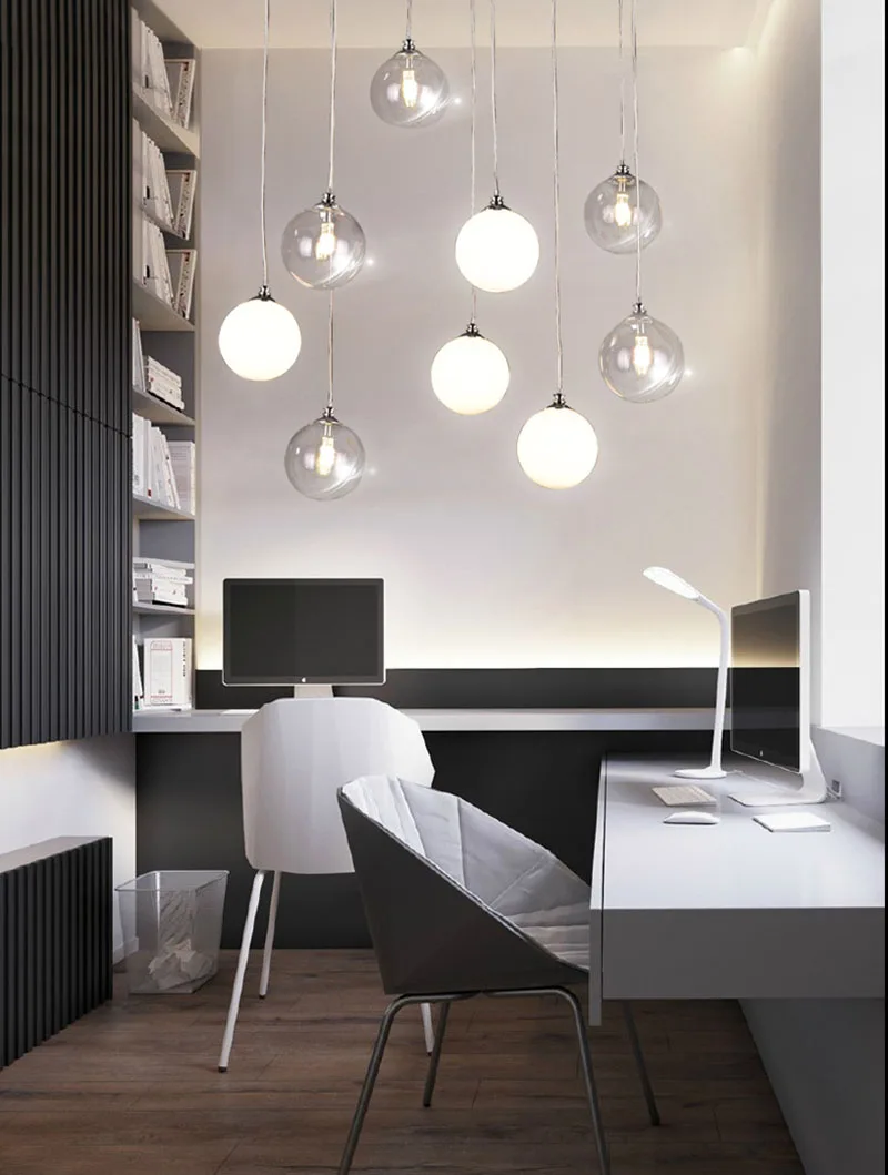

Modern Lamp Suspendue Lumiere LED A Manger Lit Chambre Foyer Rond Boule De Verre Noir Or Nordique Simple Moderne Pendant Lamp
