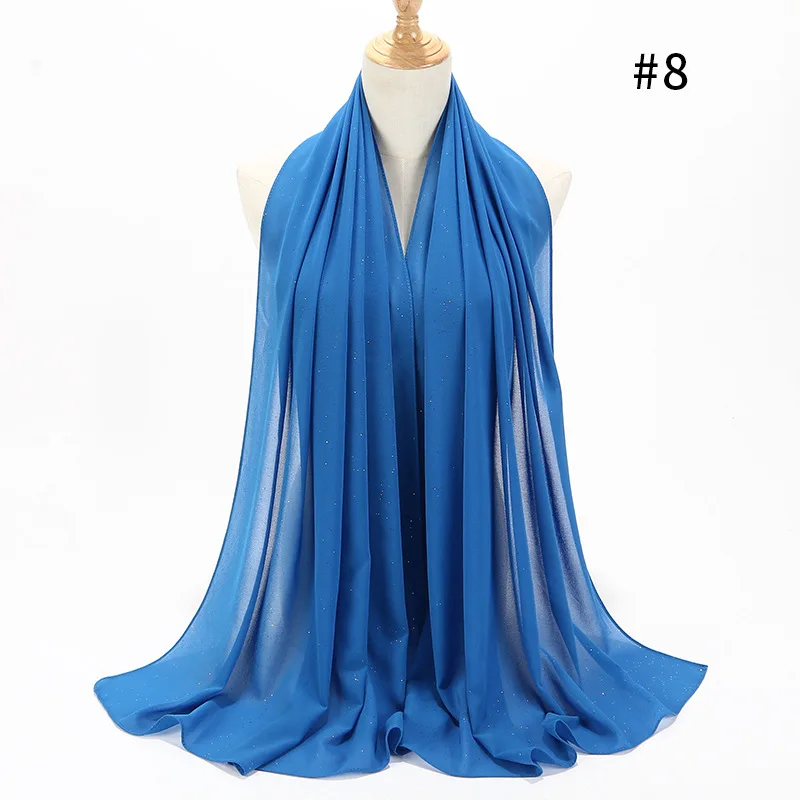 Летний красивый шарф золотые блестки мусульманский хиджаб шарф мерцающий пузырь шифон шаль на голову обёрточная бумага простые цвета 175x72 см - Цвет: Синий