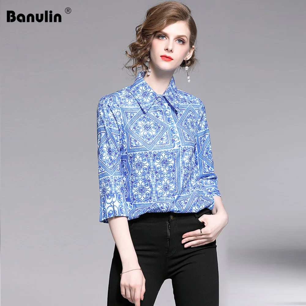 

Women Blouse 2019 Summer Women's Luxury Shirt Long sleeve Turn Down Collar Buttoned Runway Shirt Office Lady Elegant Work Tops