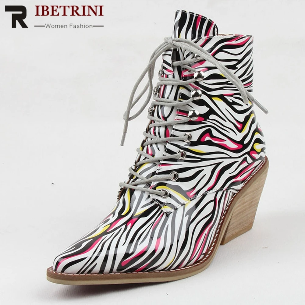 

RIBETRINI Brand New Big Size 35-43 Lace Up Print Ladies High Heels Pointed Toe Shoes Woman Casual Party Autumn Ankle Boots