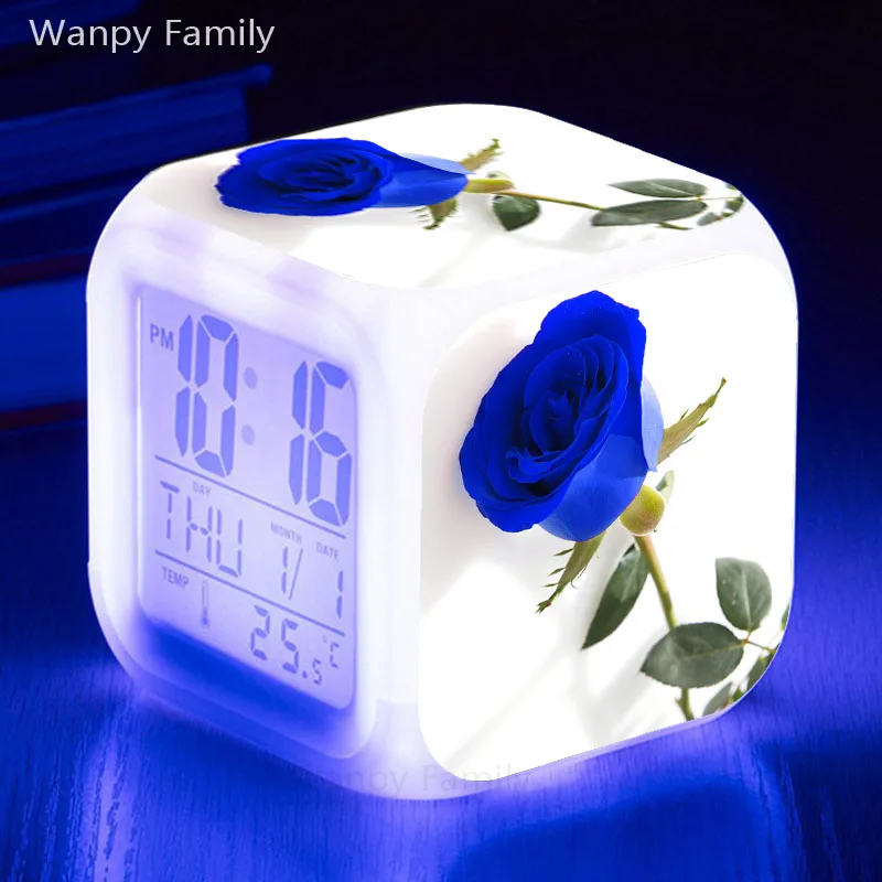 Very Beautiful blue rose alarm clocks 7 Color LED digital alarm clock