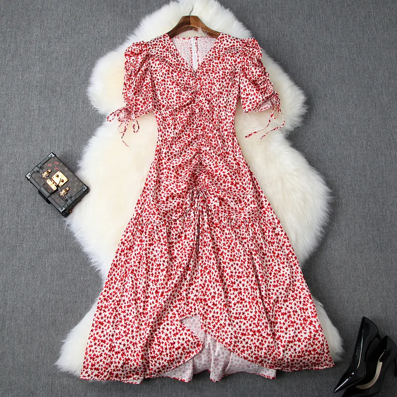 

Floral Dress Summer Woman 2019 New V-Neck Puff Sleeves Drawstring Slim Irregular Casual Dress Female S-XL Free Shipping