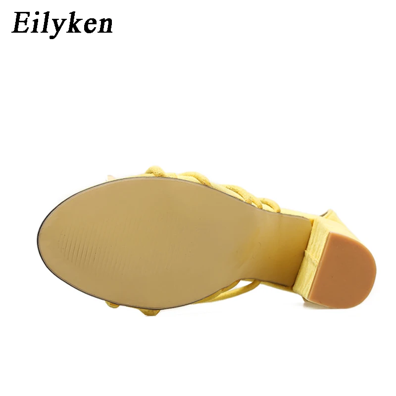 Eilyken/ г. Новые летние модные желтые черные женские сандалии на шнуровке с ремешком на щиколотке на квадратном каблуке размер 35-40