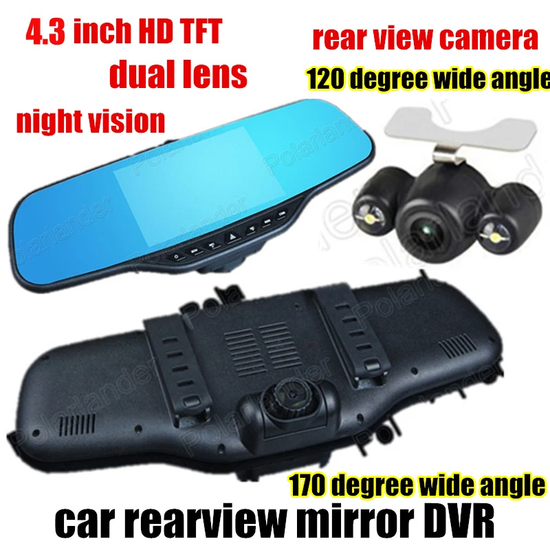 HOT SALES New 4.3 inch car dvr mirror camera recorder night vision rear view mirror monitor car camera full hd 1080p dual lens