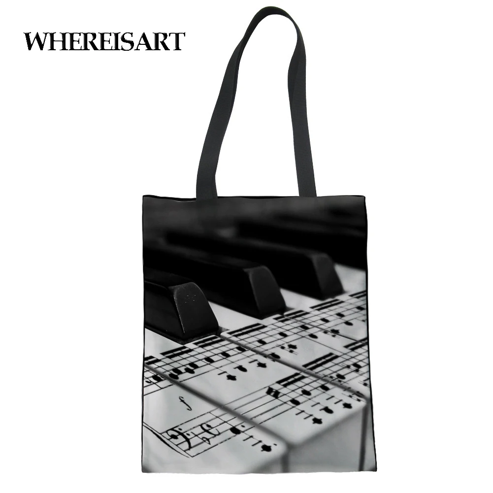 

WHEREISART Piano Keyboard Music Notes Print Reusable Shopping Bag Women Canvas Foldable Grocery Storage Bags Casual Totes Bag