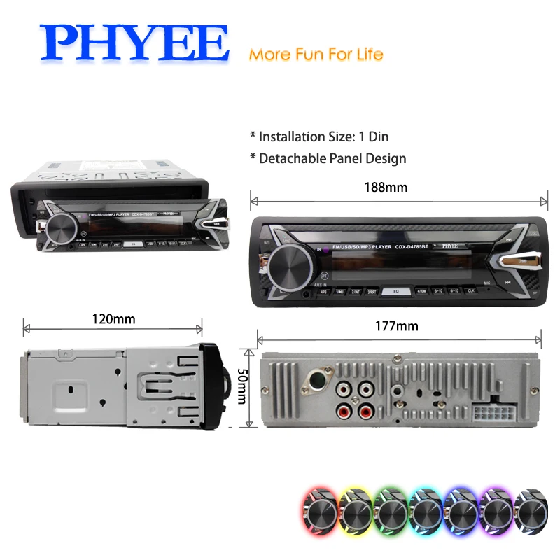 Detachable Car Radio Bluetooth Autoradio USB 1 Din Stereo Audio MP3 SD FM Tuner High Power Head Unit PHYEE 4875BT