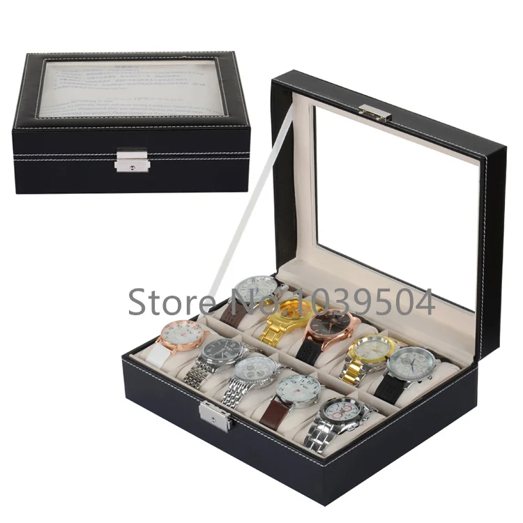 

Lateral Lock 10 Slots Watch Boxes Case Black PU Leather Watch Organizer With Key New Jewelry Storage Cases Holder