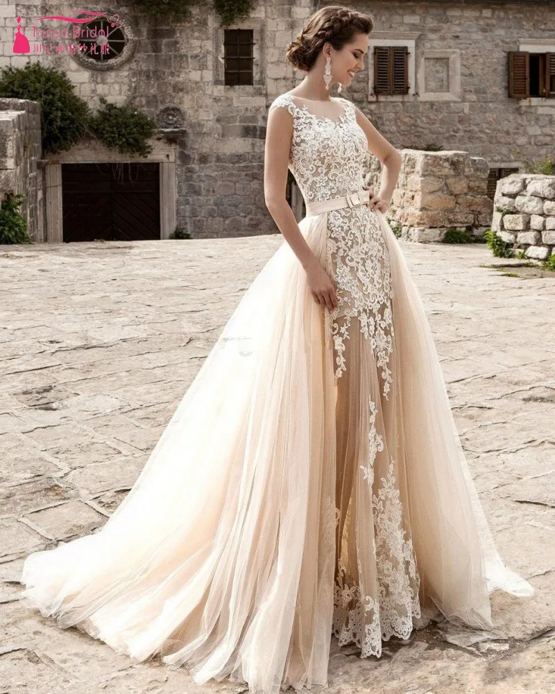 

Champagne Over Skirts Mermaid Wedding Dresses Tulle See Through Vintage Lace Sash Detachable Train Boho Bridal Wedding Dress
