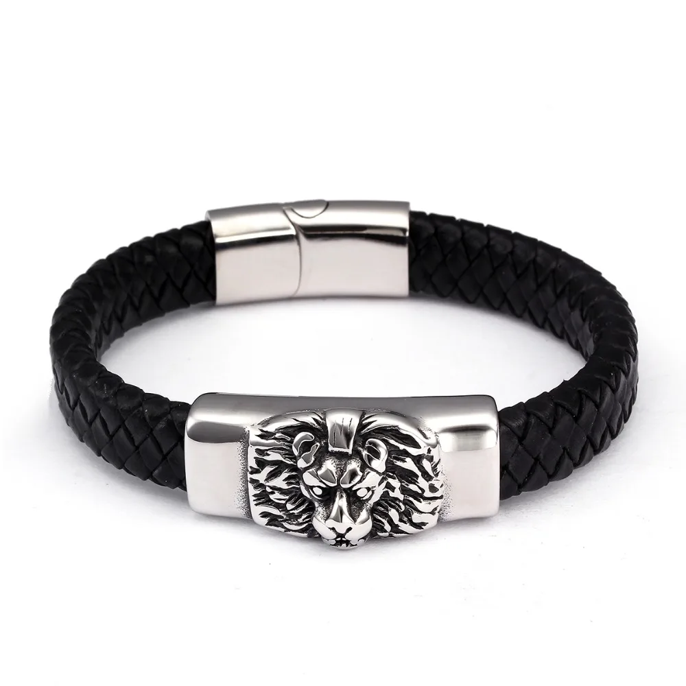 Животный дизайн Diy Мужская подвеска Лев браслеты трендовые нержавеющая сталь звено цепи манжета из натуральной кожи браслеты