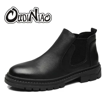 

OUDINIAO Mens Boots Hot Sale Slip On Shoes Men British Chelsea Ankle Boots Men Sewing Round Toe Men Boots Stretch Fabric