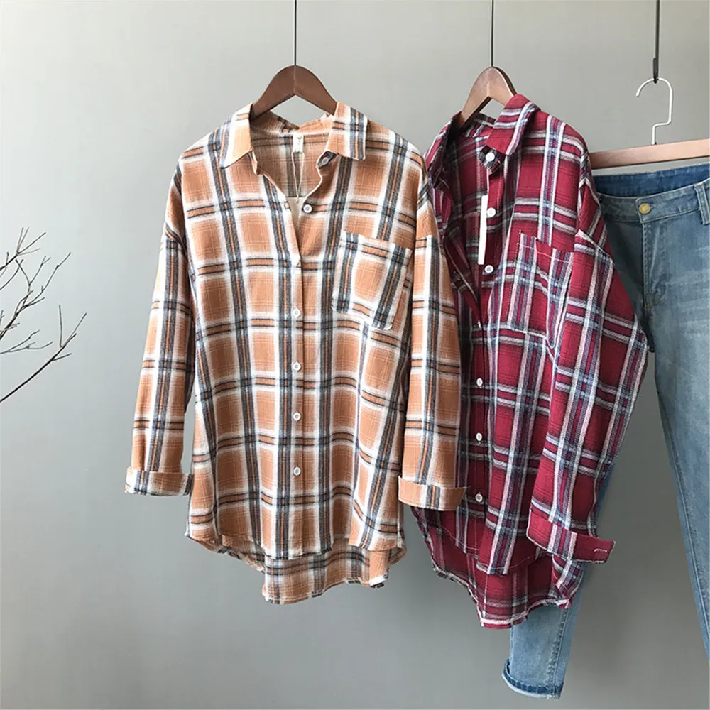 Autumn Boyfriend Style Women Blouse 2018 All Occasion Match casual College shirt long sleeve turn-down collar Plaid Office Shirt (6)