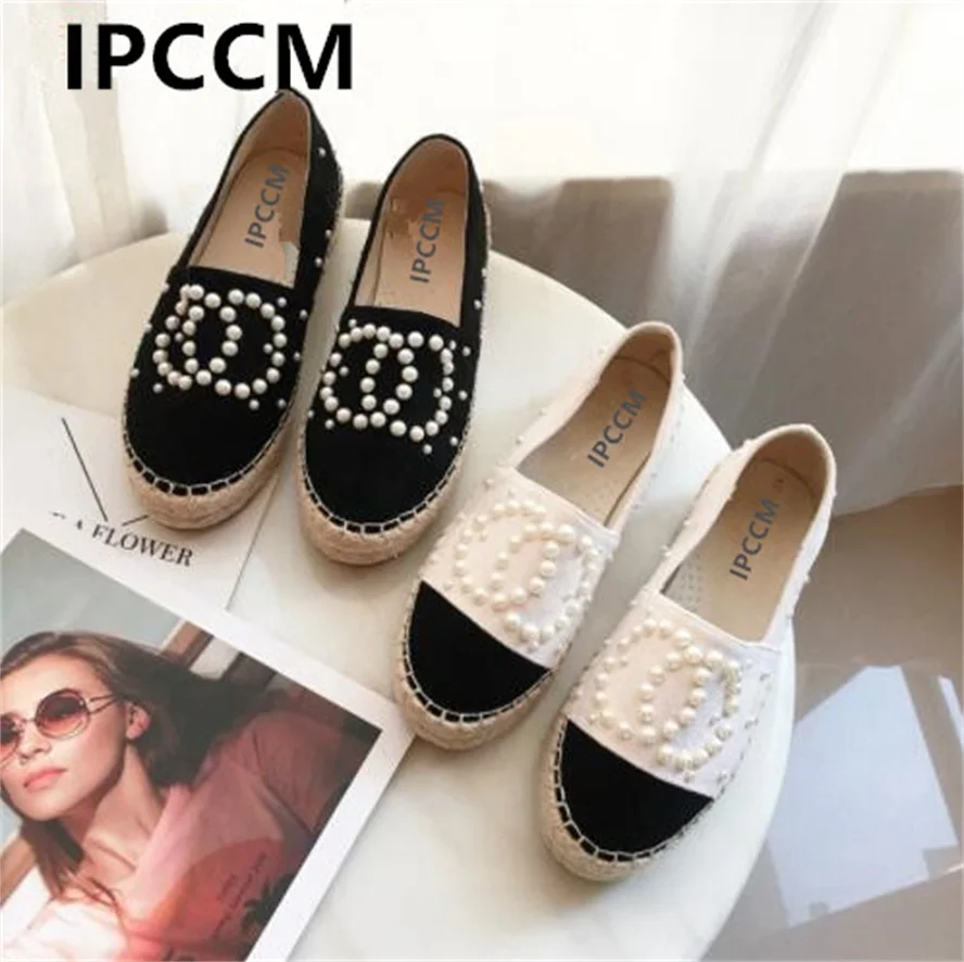 

IPCCM Casual Women Shoes Fashion Lady Hemp Espadrilles Women Loafers For Spring Autumn String Pearls Lady Boat Shoes Size 35-40