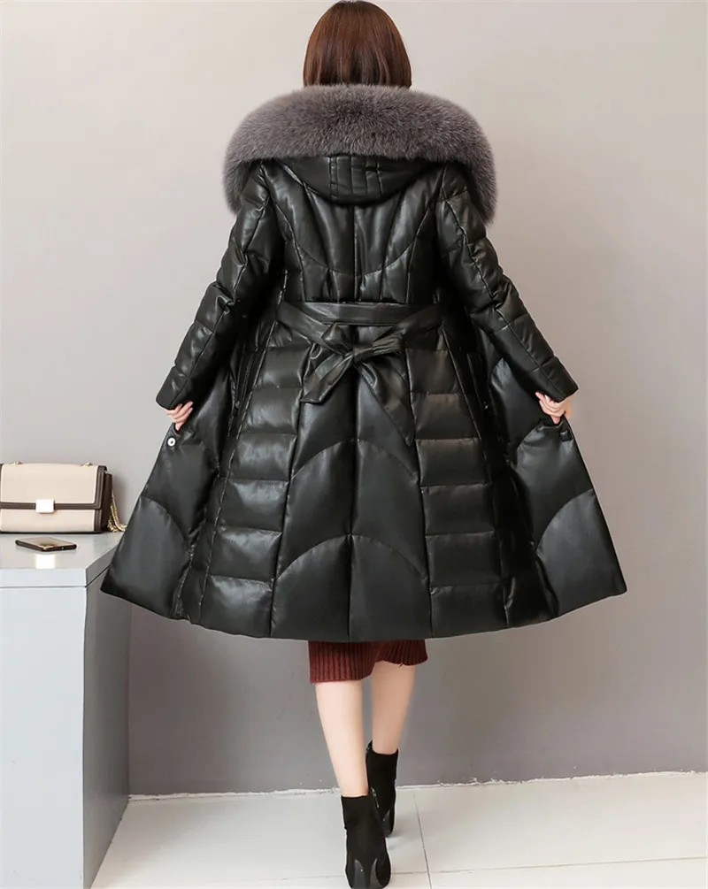 Пуховик из натуральной кожи, Зимняя женская куртка большого размера, новинка, пальто с воротником из лисьего меха, женская тонкая верхняя одежда из овчины FC27