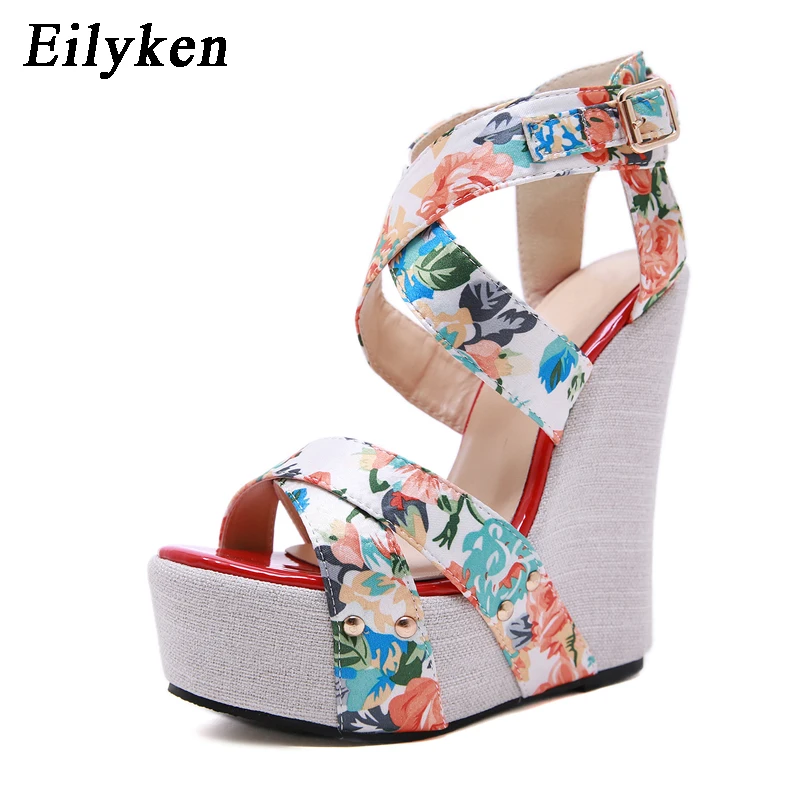 Eilyken/шелковые женские туфли на танкетке с цветочным принтом; босоножки на высоком каблуке; Летняя женская обувь; Босоножки на платформе с открытым носком