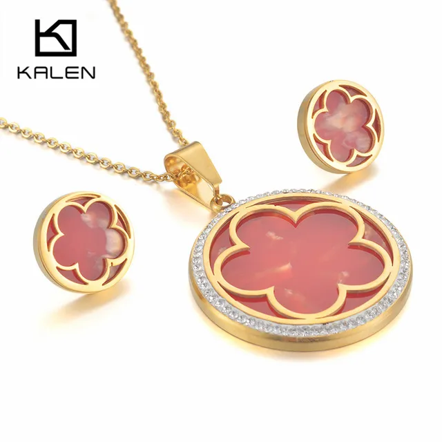 Kalen Stainless Steel Red Plastic Peru Lima Gold Color Flower Kalen Stainless Steel Red Plastic Peru Lima Gold Color Flower Rhinestone Circle Pendant Necklace Earrings For