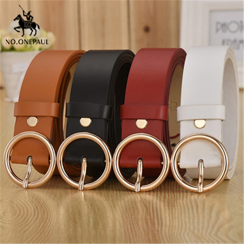 NO.ONEPAUL Women's simple and generous leather belt gold noble round alloy material pin buckle youth girl student waist belt