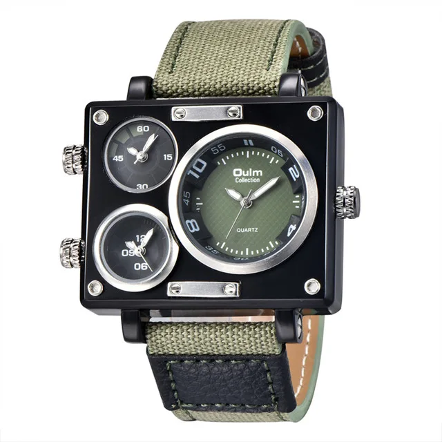 Oulm повседневные мужские часы с несколькими часовыми поясами спортивные кварцевые часы мужские военные наручные часы с холщовым ремешком дропшиппинг Relogio Masculino - Цвет: green