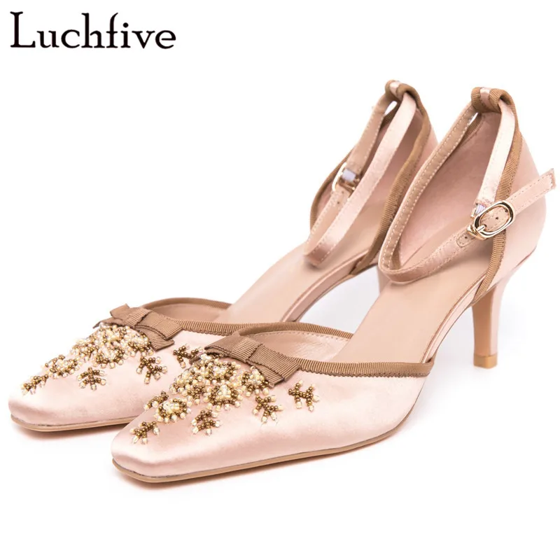 

Retro String Beads Bowtie Summer Sandals Silk High Heels Square Toe Shoes Woman Buckles Strap Nude Buty Damskie Na Obcasie