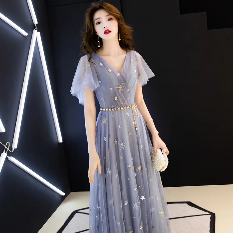 

2019 New Stars Embroidery Elegant Long Dress Party Dress Female V-neck Romantic Light Blue Women Dress Ladies Slim Dress Fashion