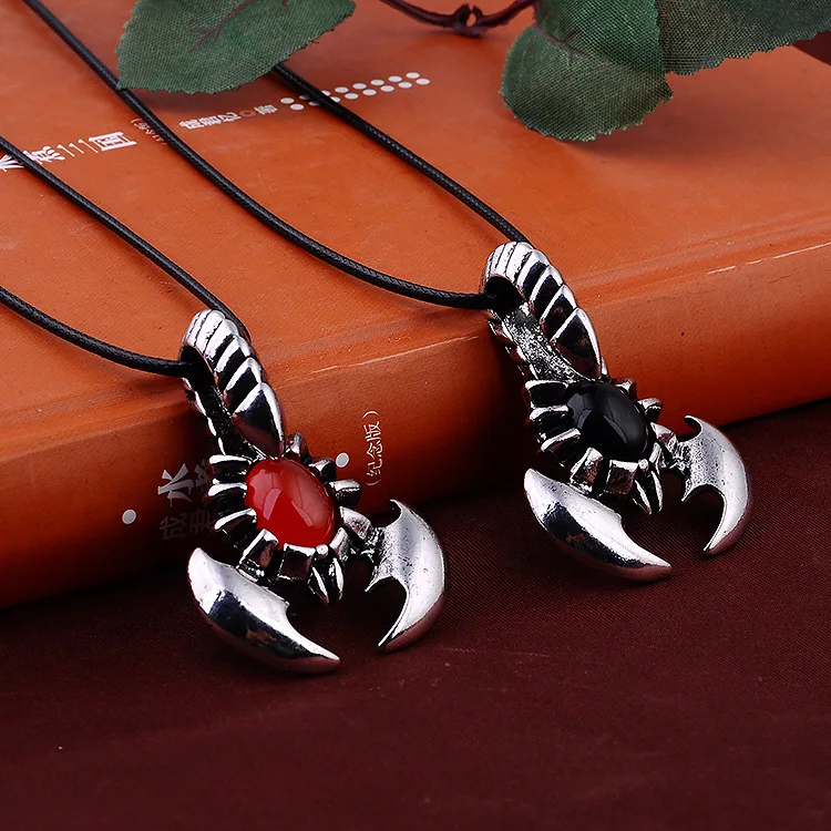 

917 Personality Alternative Punk Style Leather Rope Black Orange Inlay Imitation Gem Scorpion Necklace For Men N4192