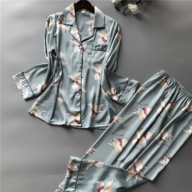 Printing Fashion Women Pajamas Sweeet Long Sleeve Cardigan Twinset Sleepwear - Цвет: Blue Elephant