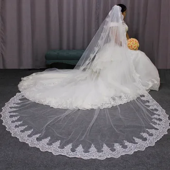 

Sparkling Sequined Lace 3*3 Long Bridal Veil One Layer 3 Meters Cathedral Wedding Veil with Comb Custom Made Bride Veils