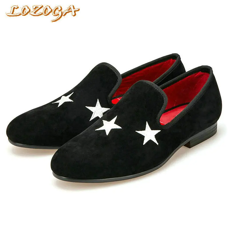 2017 New Men Shoes Velvet Embroidered White Pentagram Casual Shoes Slip-On Men Loafers Handmade Luxury Original Brand Shoes Flat