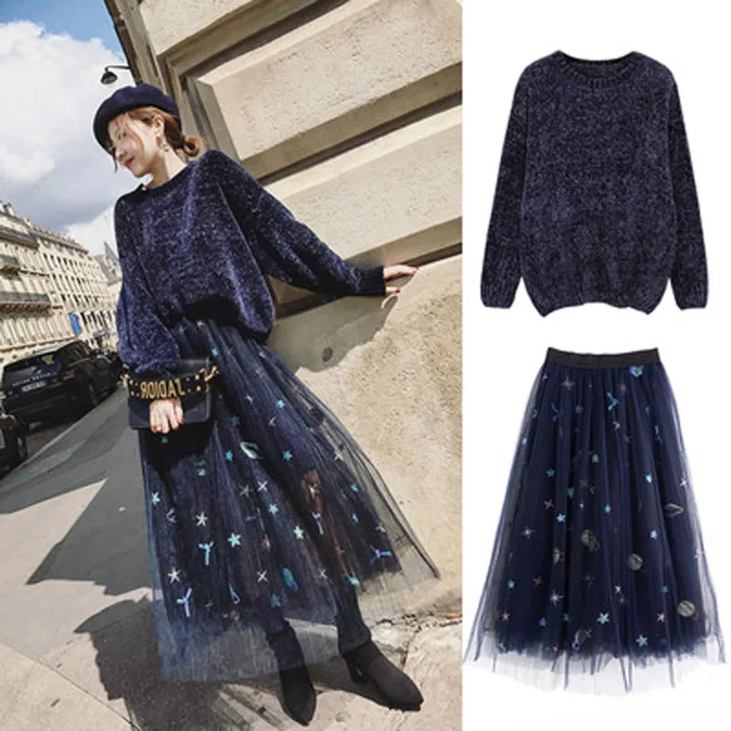 

New Fashion Two-Piece Warm A-line Pleated Expansion Skirt+Sweater