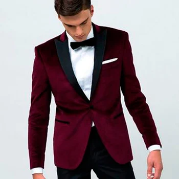 

Burgundy Slim Fit Men Suits for Wedding Prom Wear Black Peaked Lapel Groomsmen Tuxedos 2 Piece Male Suit Jacket with Black Pant