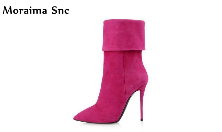 Moraima Snc 2018 newest women Ankle boots high heels concise type pointed toe slip-on riding boots Turned-over Edge red boots moraima snc red boots transparent high heels boots women square toe mid calf rainboots sexy ankle boots for women bottine femme