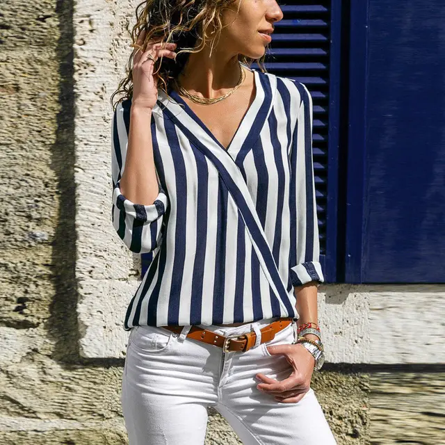 UNIF 2018 blusas rayadas para mujer y de chifón de manga larga Casual moda cuello pico suelta verano invierno blusa|Blusas camisas| - AliExpress
