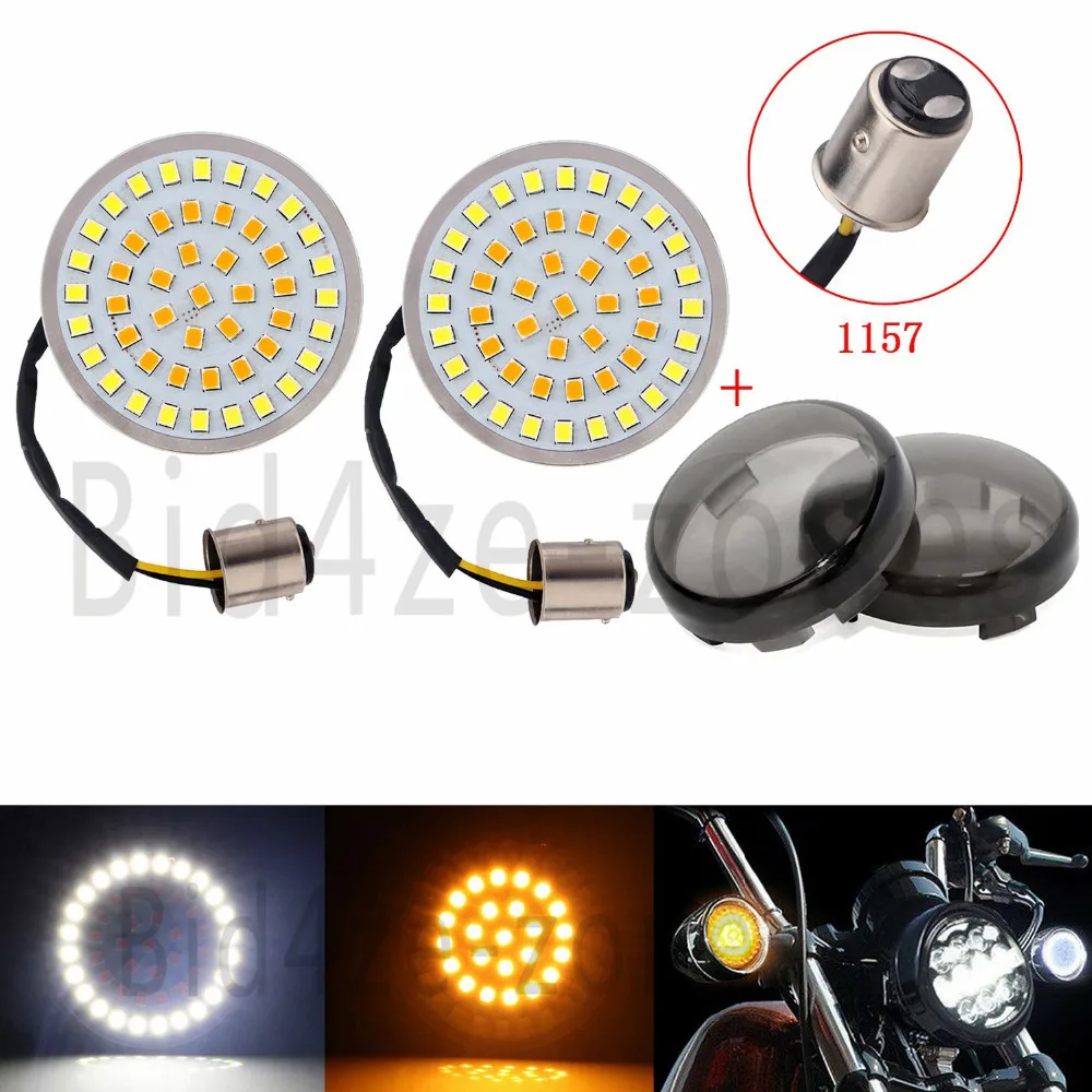 

Motorcycle 2" Amber White 1157 LED Front Turn Signal Inserts Bullet Style W/2 Lens Smoke Cover For Harley Touring Softail 11-17