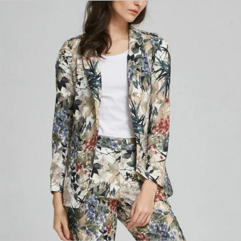 

JOYINPARTY Jacket Blazer Women Suit Work Office Flower Print Women jacket with belt Coat Jacket Female Brand Femme summer