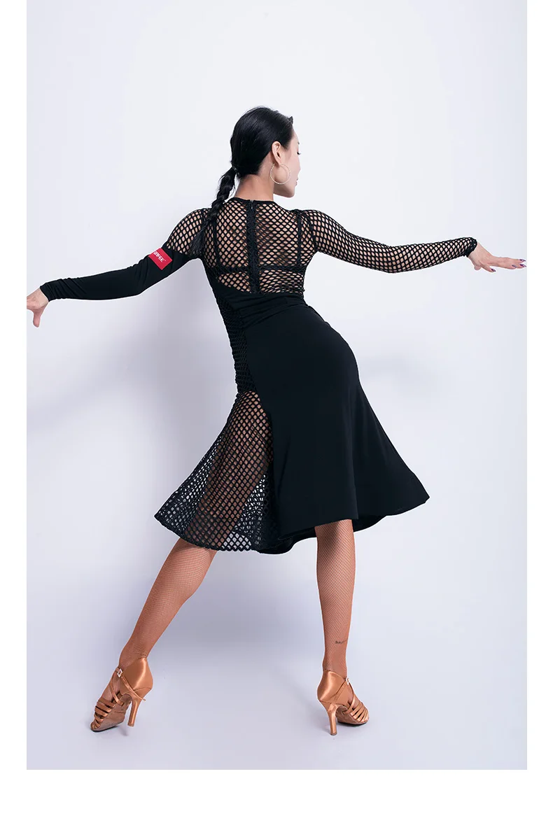 Платье для латинских танцев, практическое сексуальное Сетчатое профессиональное платье с длинным рукавом для женщин