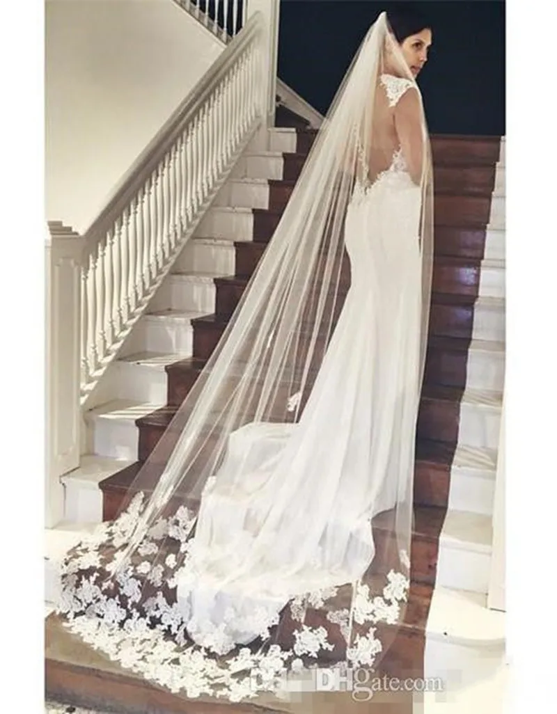 Белая, цвета слоновой кости, для свадьбы свадебная фата с фатиновой юбкой Кружевная аппликация с жемчугом из бисера Часовня длинная один