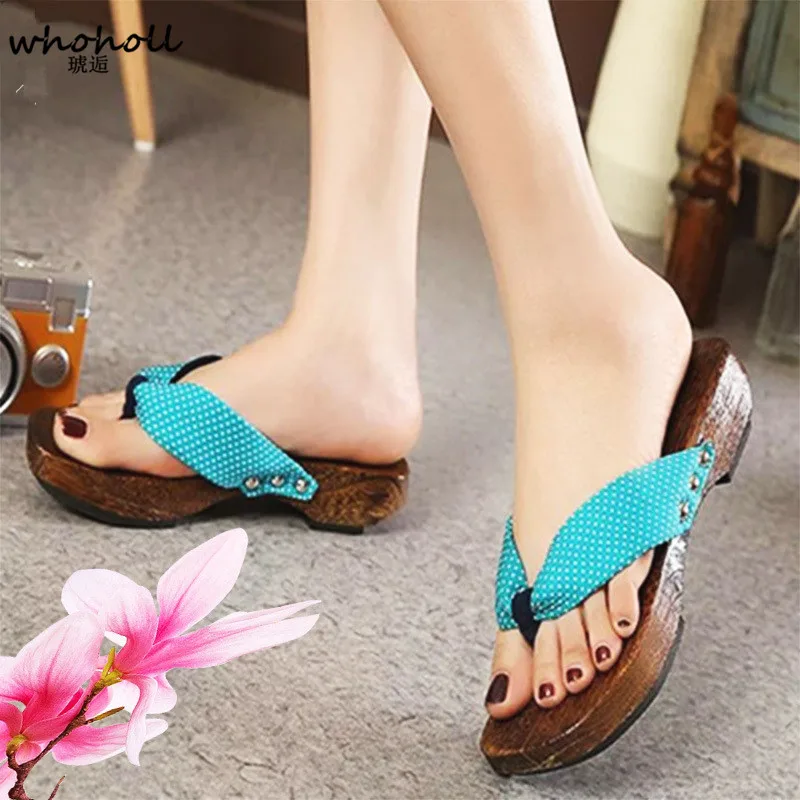 WHOHOLL Geta Sandals Women Summer Flip-flops Cos Japanese Geta Wooden Clogs Slippers Female Home Wedge Platform Sandals Women's Shoes
