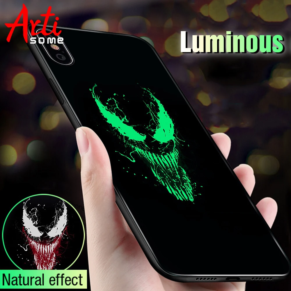 Goedkoop Lichtgevende Marvel Venom Case Voor iPhone 6 6 s 7 8 Glas Luxe Telefoon Case Voor Apple iPhone 6 6 s 7 8 Plus X XR XS XS Max Cover