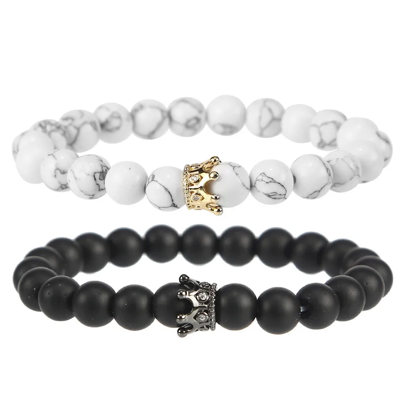 

2pcs/set Couple Bracelets for Lovers Crown Queen Charm Stone Beads Bracelets Set for Women and Men Jewellery Gifts