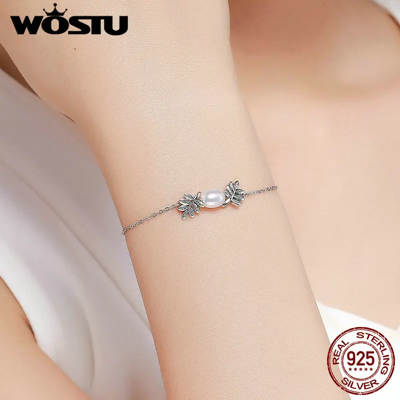 Kopen WOSTU Authentieke 100% 925 Sterling Silver Tree Leaf Pearl Link Chain Armband Voor Vrouwen Fijne S925 Sieraden Gift CQB071