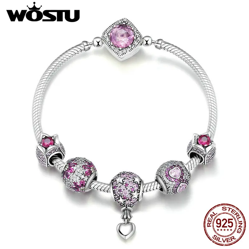 

WOSTU High Quality 925 Sterling Silver Dazzling Heart Pink Style Charm Bracelet For Women Luxury S925 Beads Jewelry Gift CQB803
