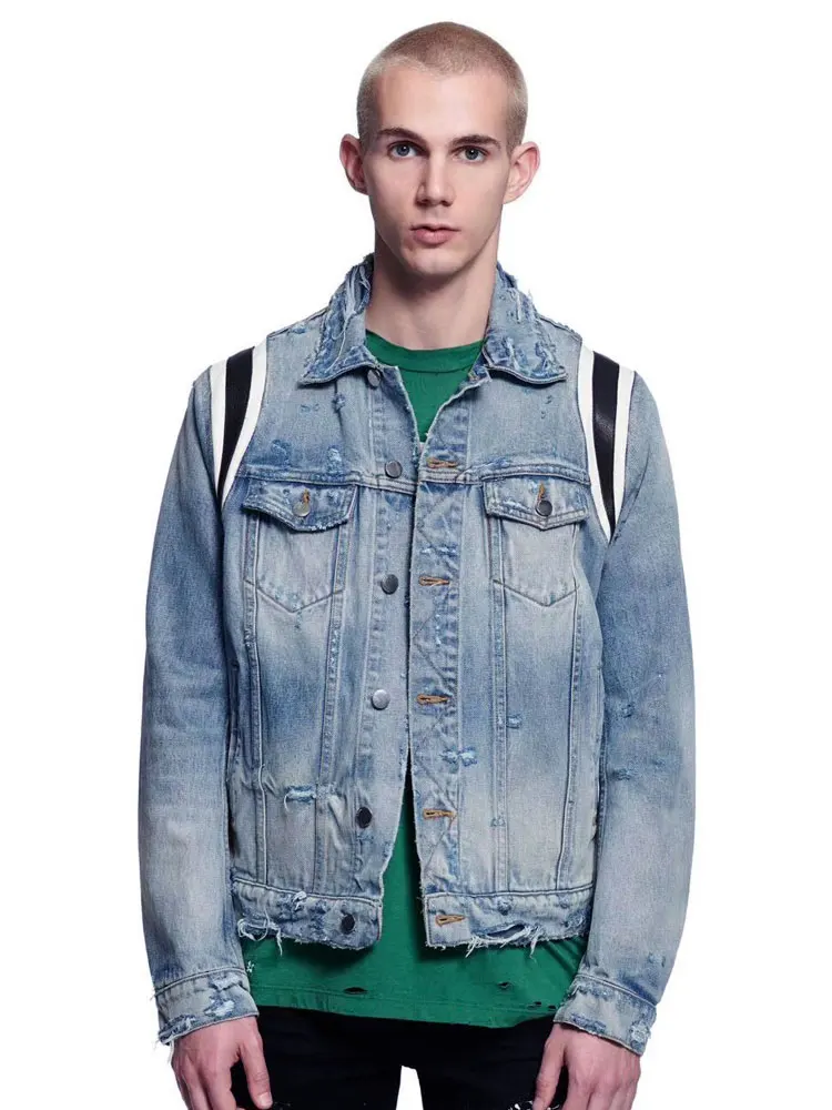 

American Streetwear Fashion Men Jacket Spliced Designer Ripped Denim Jackets Men Coats Outwear Brand Hip Hop Biker Jacket homme
