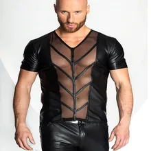 Мужская Новая сексуальная модная майка из искусственной кожи с v-образным вырезом, сетчатая Лоскутная жилетка, фетиш, мужской черный топ с короткими рукавами, костюмы, одежда