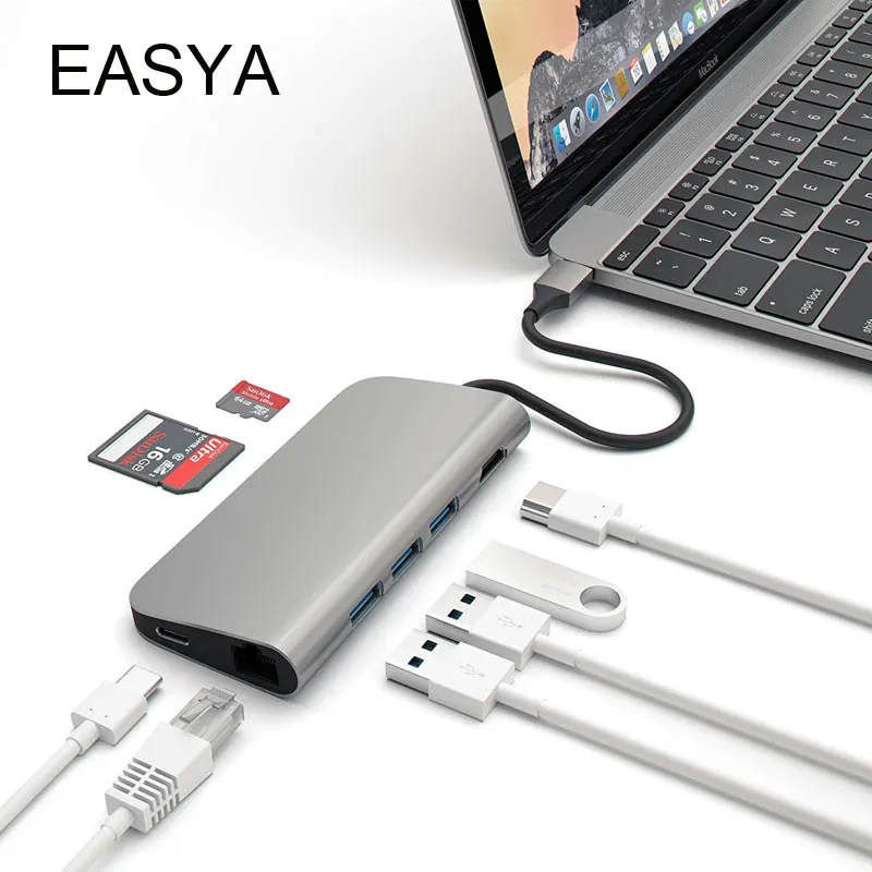 EASYA Thunderbolt 3 адаптер USB C концентратор HDMI RJ45 для MacBook/Air huawei mate 20 P20 type-C с PD Reader слот концентратор 3,0