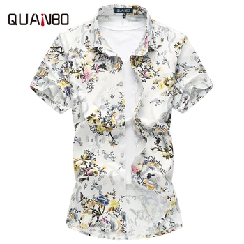 

QUANBO Brand New Arrival Summer Casual Shirts Men Short Sleeve Slim fit Mens Print Floral Shirts Camisa Plus size M-7XL