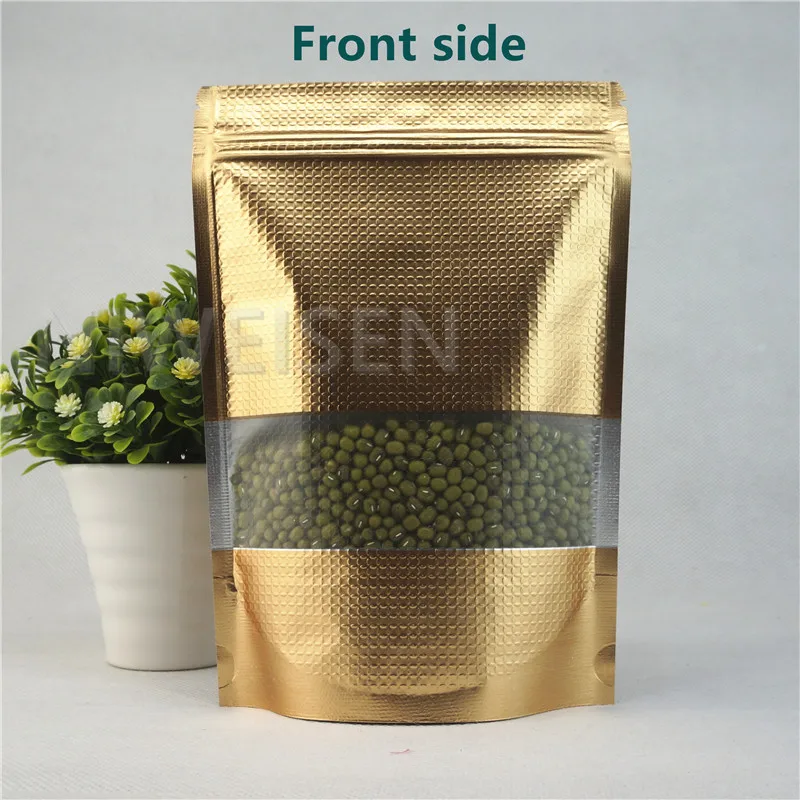 

16x24cm 100pcs Matt Gold Stand aluminum foil zipLock bags with window Embossed Mylar foil plastic pouch sachet zipper reclosable