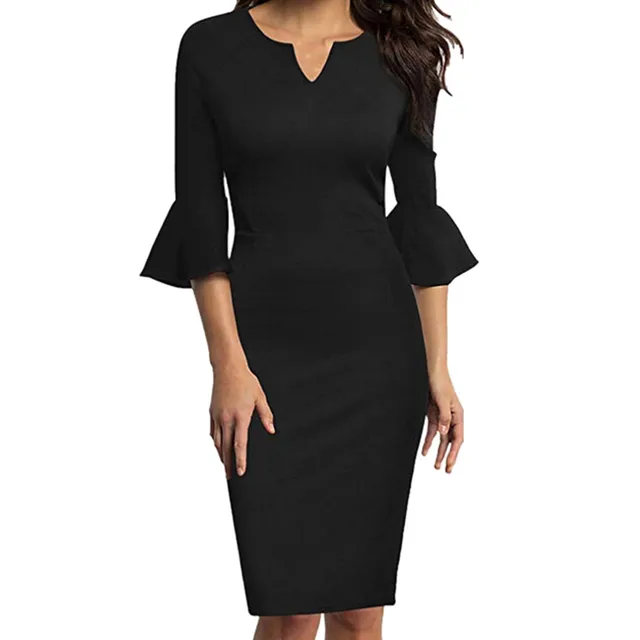 Women Black Work Dress Fashion Lady Flare Sleeve Pencil Dress Elegant ...