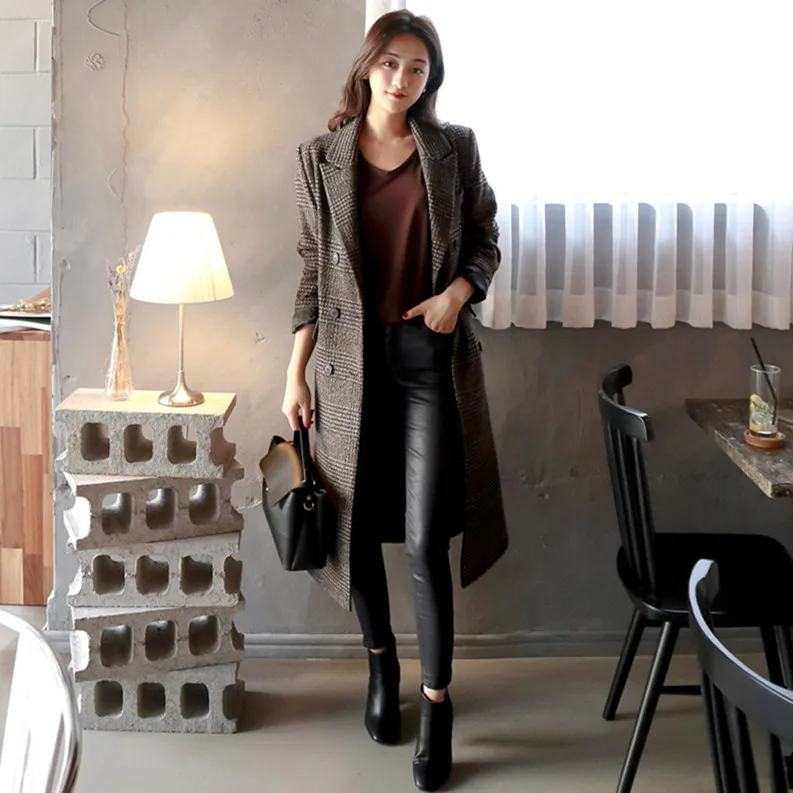 Kopen 2019 Lente Herfst Vrouwen Plaid Jas Nieuwe Mode Lange Wollen Jas Slim Soort Vrouwelijke Winter Jassen Vrouwelijke Uitloper