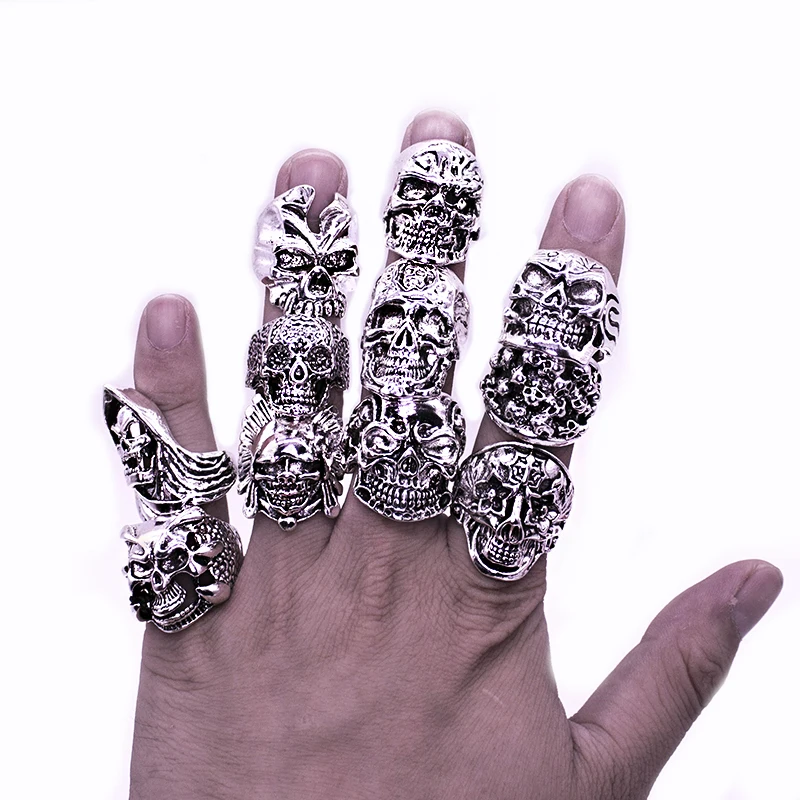

12 Piece/lot Wholesale Mix Big Skull Ring in Jewelry Silver Plate Top Quality Bohemian Statement Punk Ring for Men Free Shipping