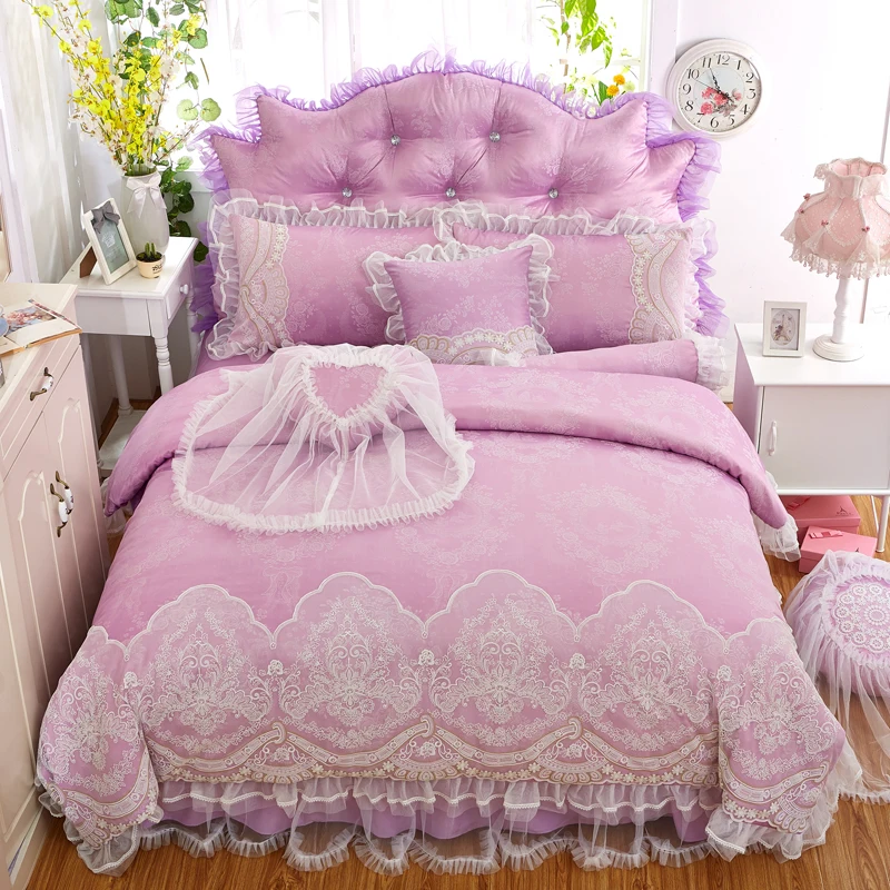 

Purple pink silk cotton jacquard soft bedclothes korea lace wedding luxury bedding set queen king size duvet cover bed skirt set