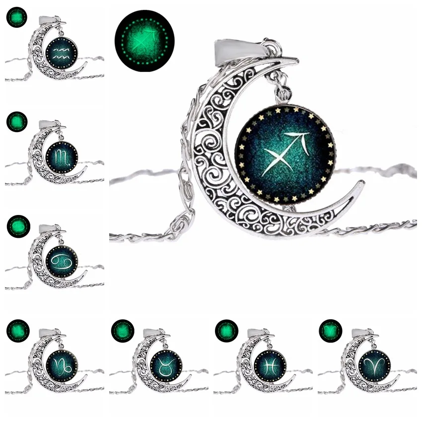 

twelve constellations Time Gem Cabochon Luminous necklace European and American popular alloy sweater chain party gift